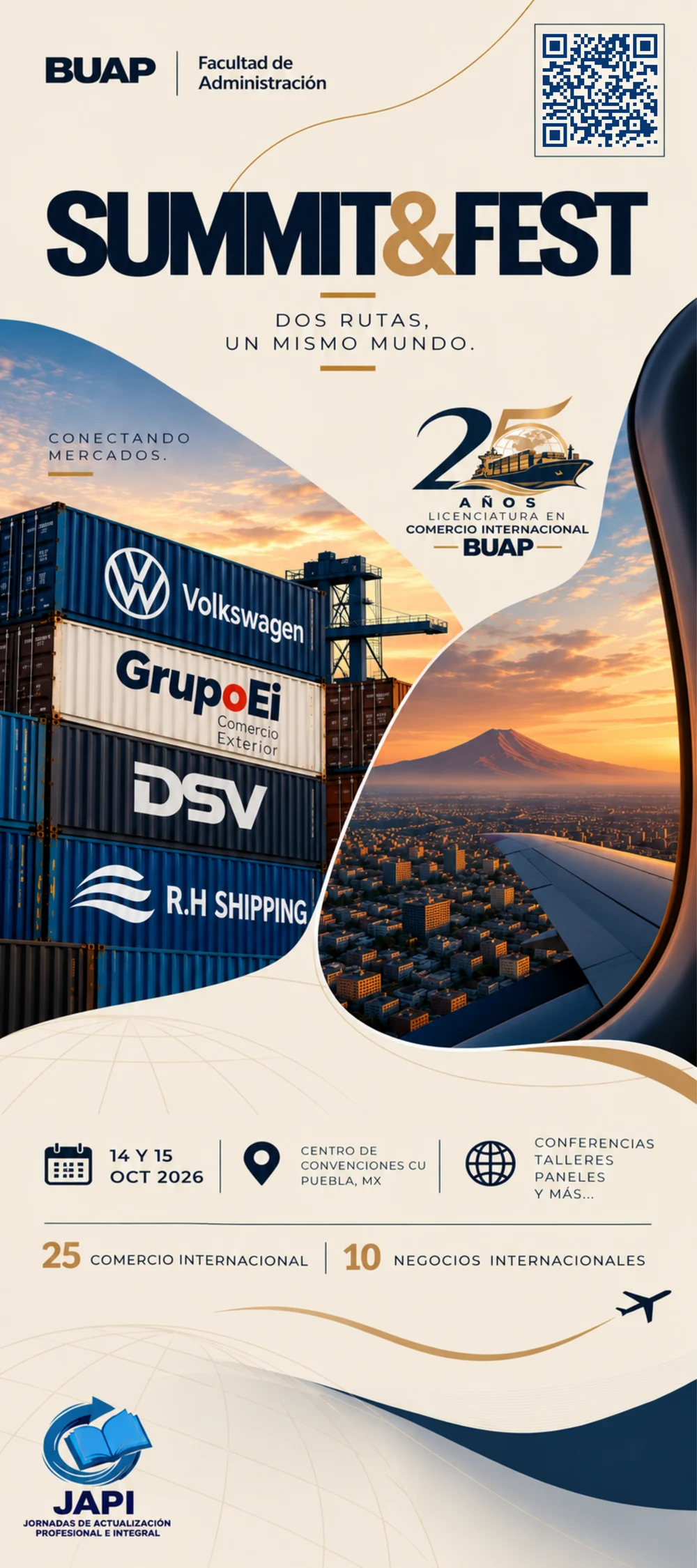 Lona oficial de SUMMIT&FEST: 25 años de Comercio Internacional. Dos rutas, un mismo mundo. 14 y 15 de octubre de 2026, Centro de Convenciones BUAP, Puebla. Incluye el código QR al sitio del Summit.
