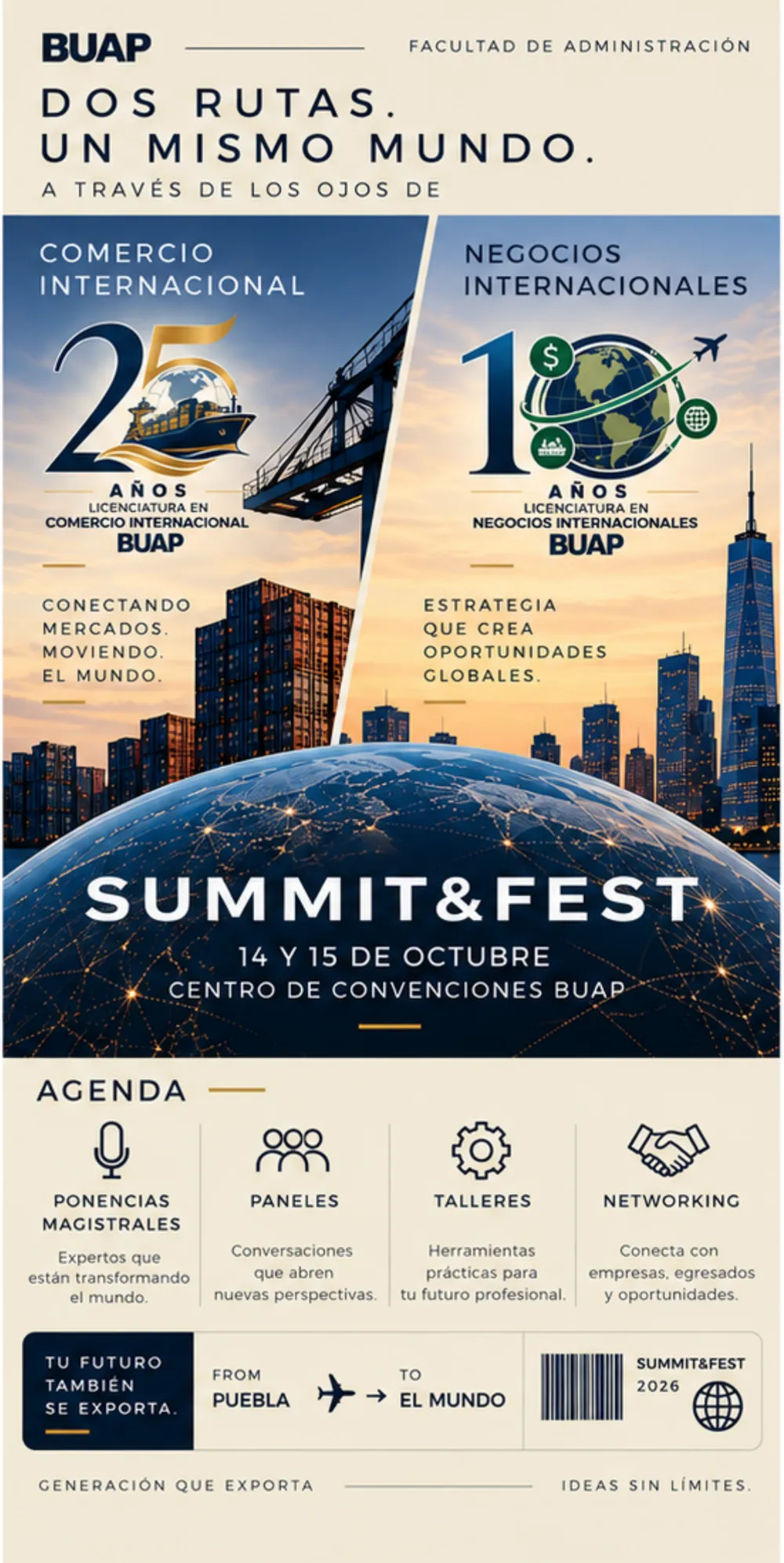 Lona oficial de SUMMIT&FEST con los emblemas de los 25 años de Comercio Internacional y los 10 de Negocios Internacionales, y la agenda: ponencias magistrales, paneles, talleres y networking.